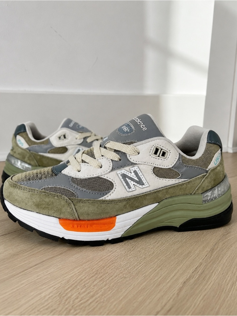New Balance Kids Olive Green, Grey & Orange Accent Sneakers